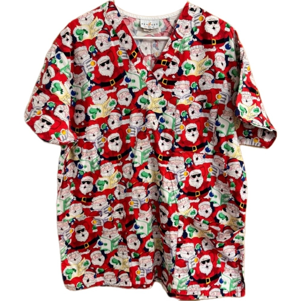 NWOT Peaches Uniforms Santa Print Scrub Top - Red and White Size M